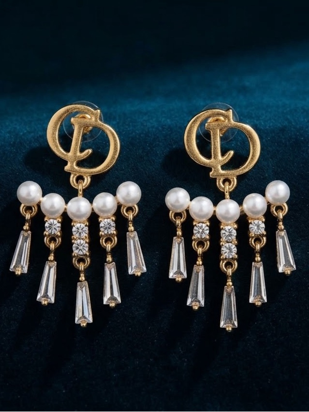 Gold and White Pearl Fringe Drop Earrings